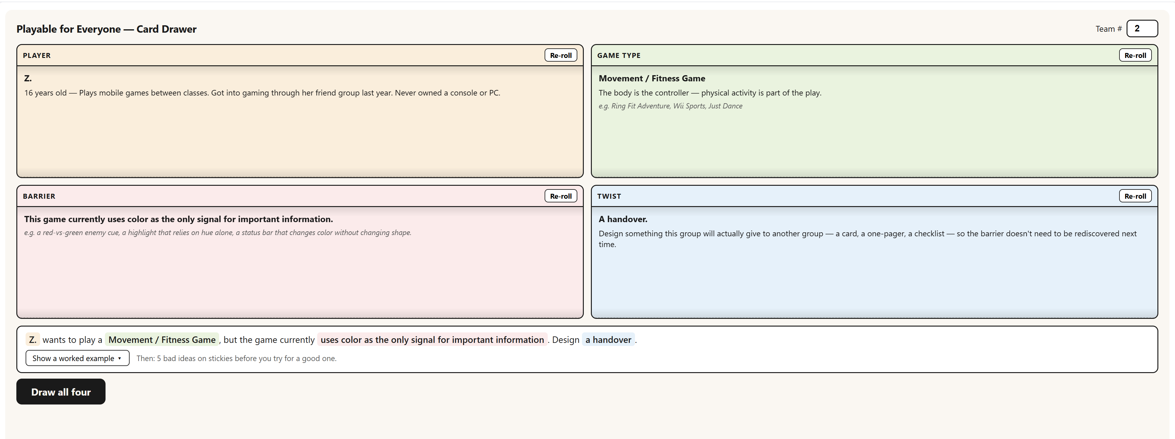 The digital Card Drawer tool showing a Player, Game Type, Barrier and Twist card with an auto-generated framing sentence